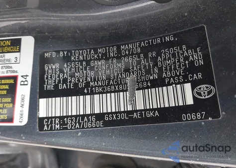 2008 Toyota Avalon Xls из США, поврежденный, VIN 4T1BK36BX8U306684